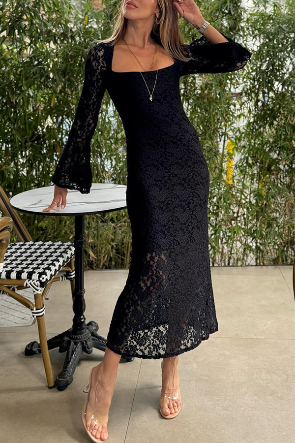 Luxe Lifestyle Lace Square Neck Bell Sleeve Lined Slit Midi Dress Black