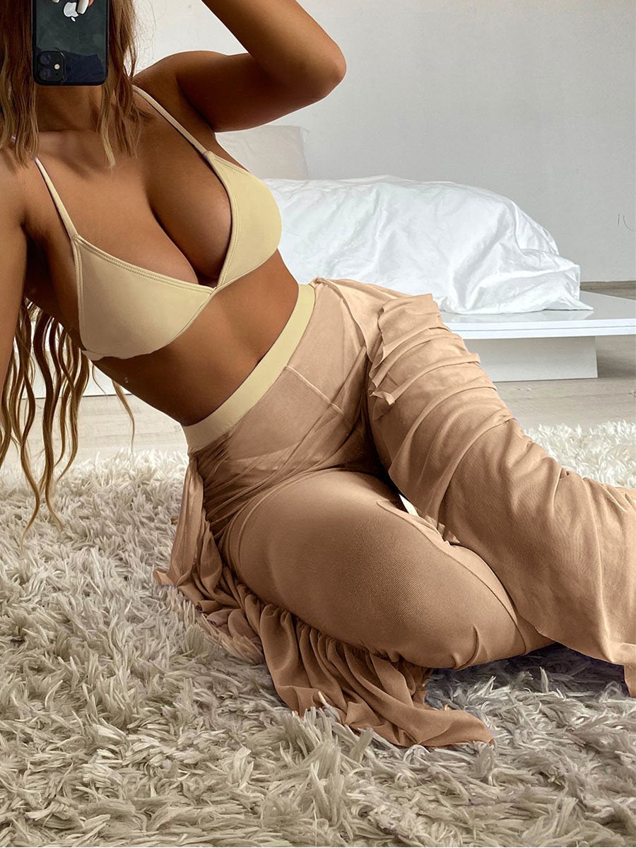Solid Bikini Three Piece set Kahki