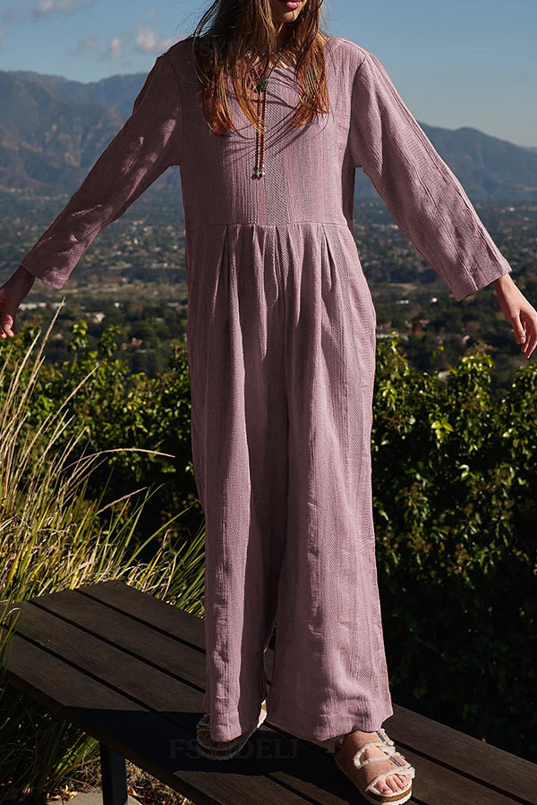 Multicolor loose round neck casual wide leg jumpsuit coral pink