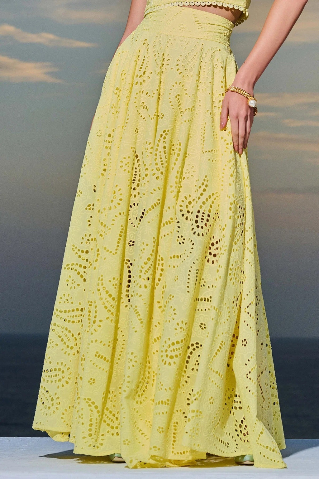Paris Dreaming Embroidered Lace High Rise Elastic Waist Pocketed Maxi Skirt Yellow