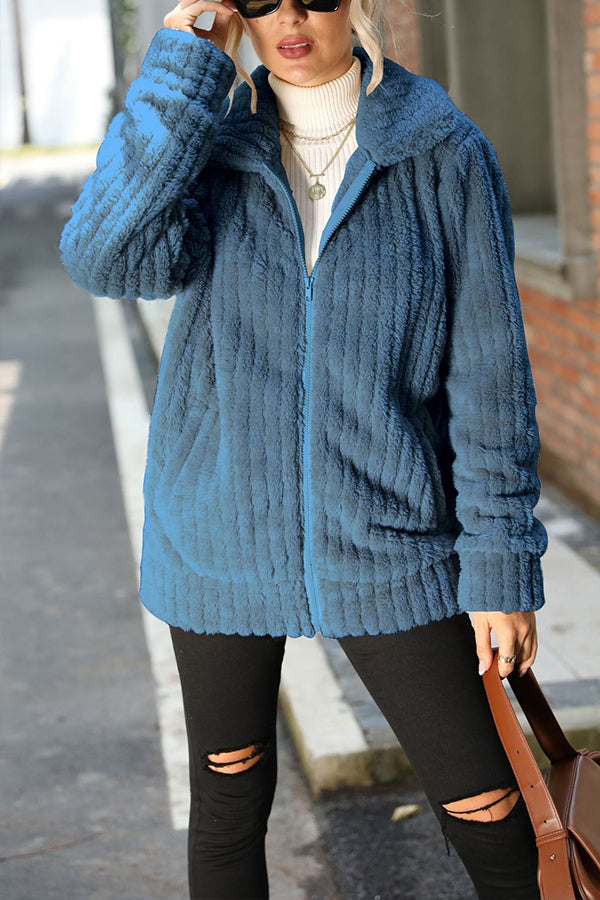 Lapel Collar Zipper Long Sleeve Solid Color Mid-length Double-sided Plush Jacket Blue