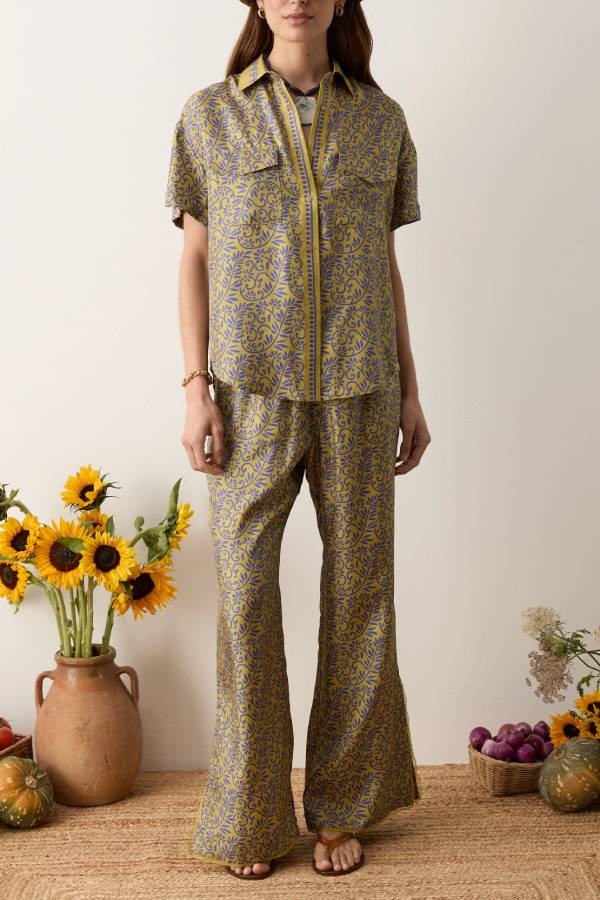 Vintage Floral Print Satin Shirt & Split Wide Leg Pants 2 Piece Vacation Set