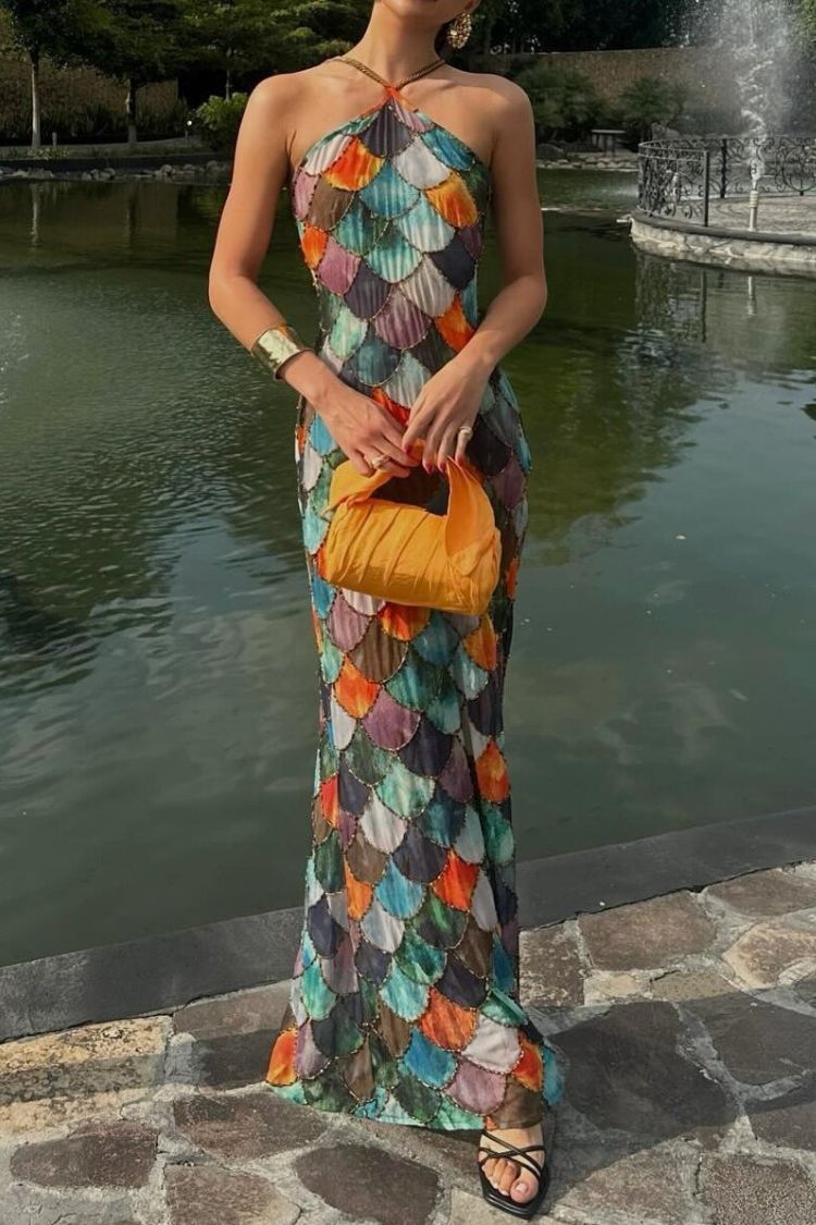 Little Mermaid Colorful Scales Print Halter Maxi Dress
