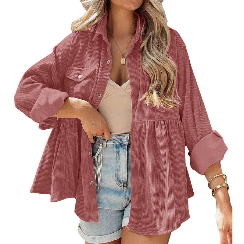 women's long sleeve corduroy ruffled shirt top button down shirt Pink