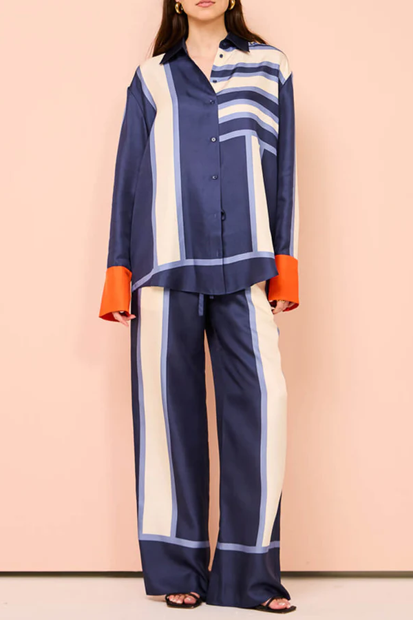 Exquisite Unique Striped Print Patchwork Kutton Oversized Blouse