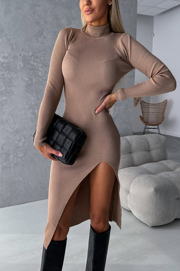 Morning Escape Knit Turtleneck Long Sleeve Slit Irregular Midi Dress Brown