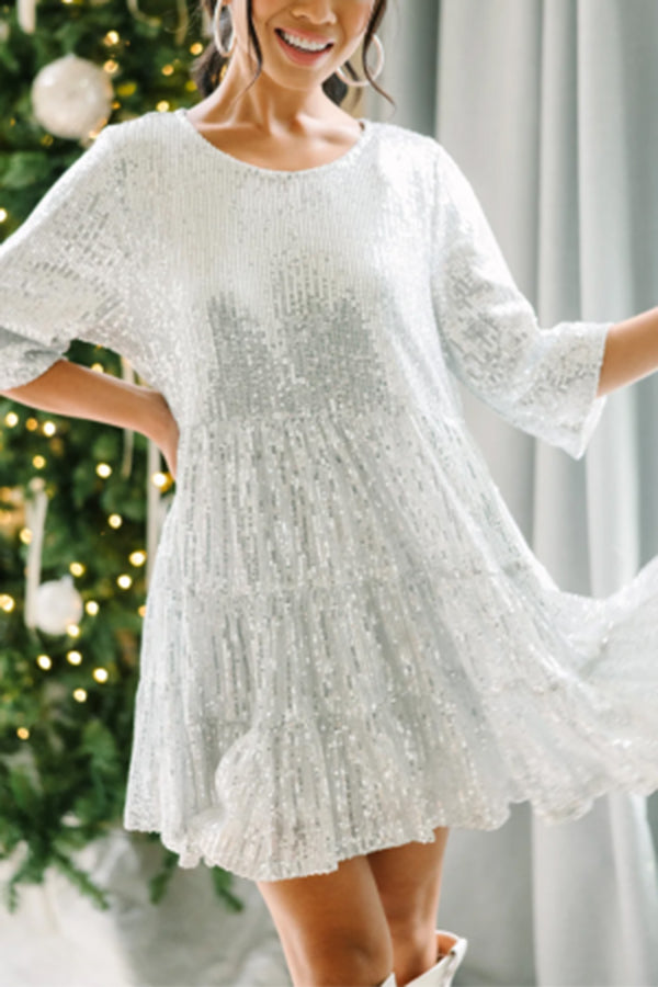 Silvery Party Sequin Half Sleeve Round Neck Mini Dress Silvery