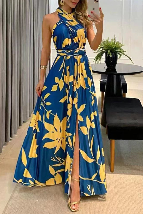 Sexy One Shoulder Sleeveless Printed Long Dress With Split Back Navy blue