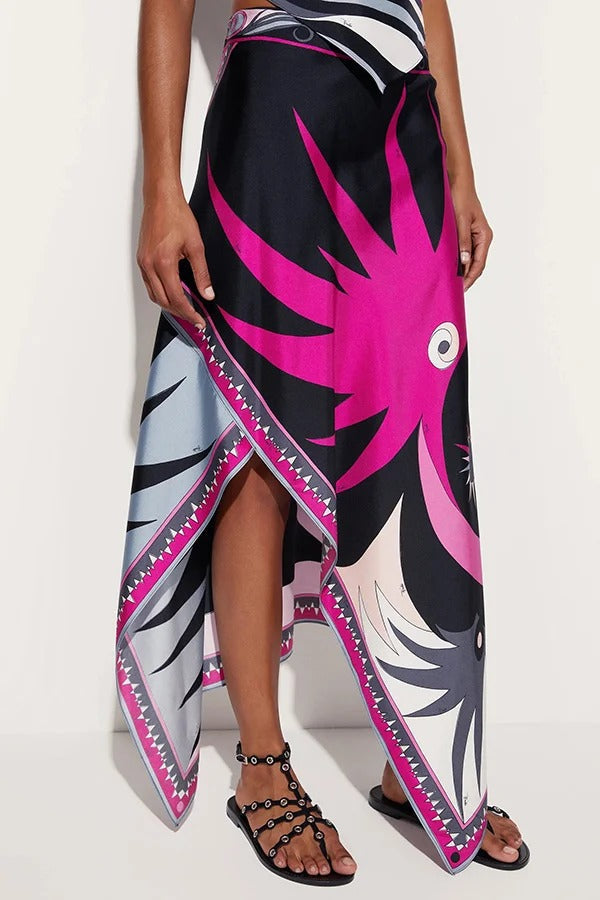 Satin Unique Print Halter Top and Irregular Midi Skirt Set