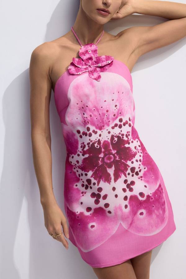 Artistic Flavor Linen Blend Printed Orchid Shape Halter Mini Dress
