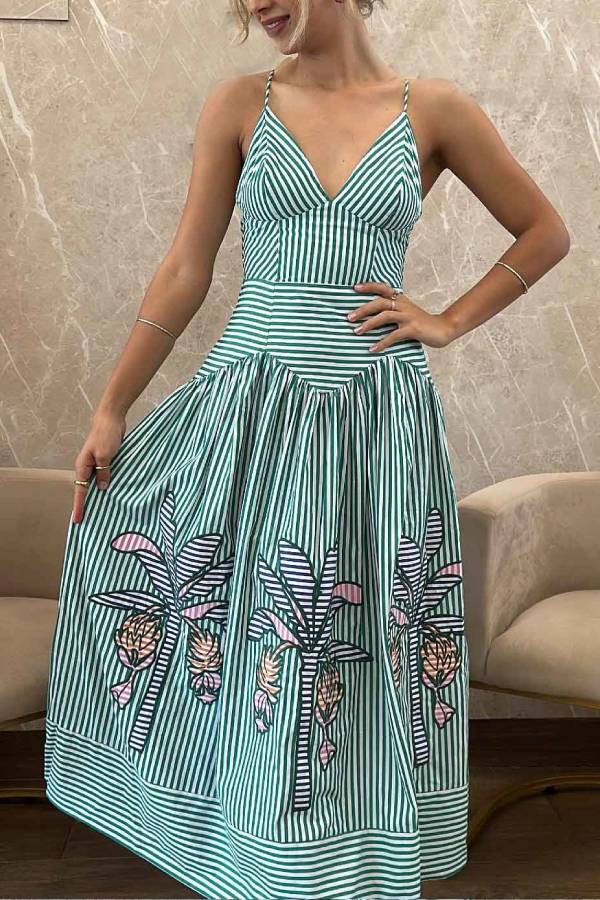 Exquisite V-neck Striped Banana Tree Print Midi Dress