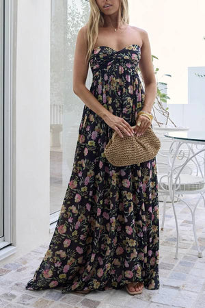 Black Floral Print Strapless Tie-Back Chiffon Maxi Dress