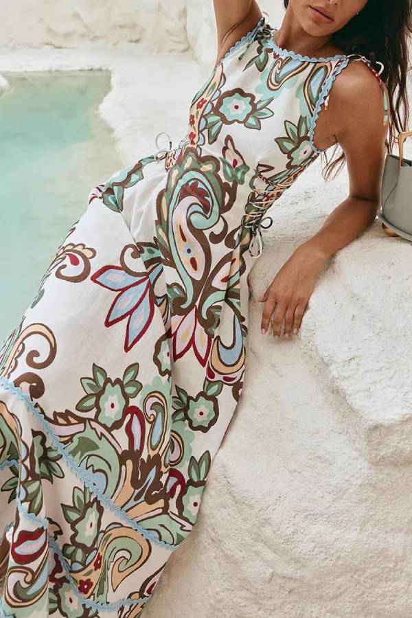 Paisley Print Lace-Up Waist Sleeveless Dress