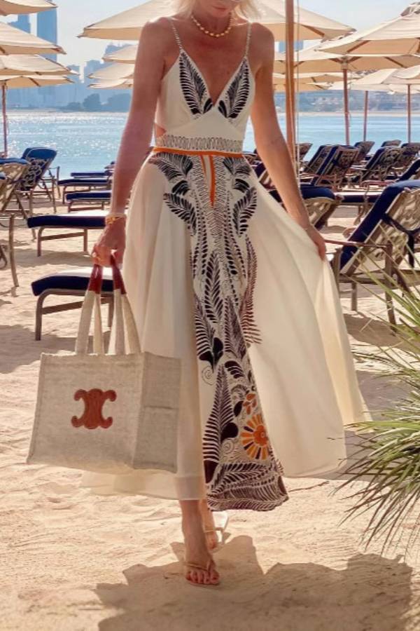 Tropical Palm Leaf Print V-Neck Tie Back Spaghetti Strap Maxi Vacation Dress
