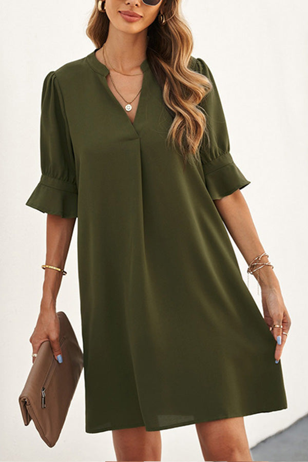 Solid Color Loose Casual V Neck Short Sleeve Knee Length Dress Green