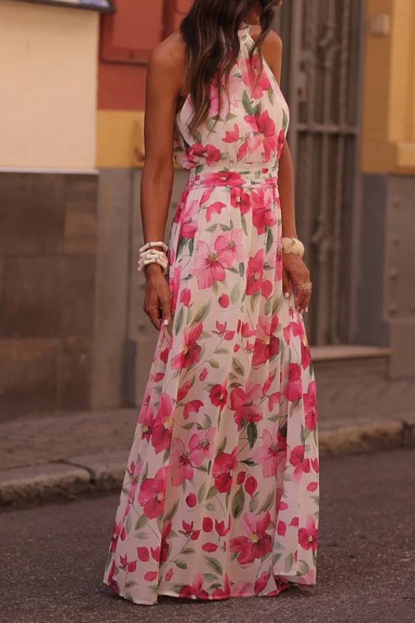 Halter Waist‑Tie Floral Print Maxi Dress