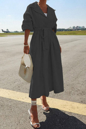 Solid Color Lapel Long Sleeves Lace-up Waist Mid-length Coat Black