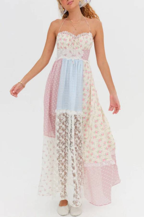 Floral Lace Sexy Halterneck Backless Patchwork Maxi Dress