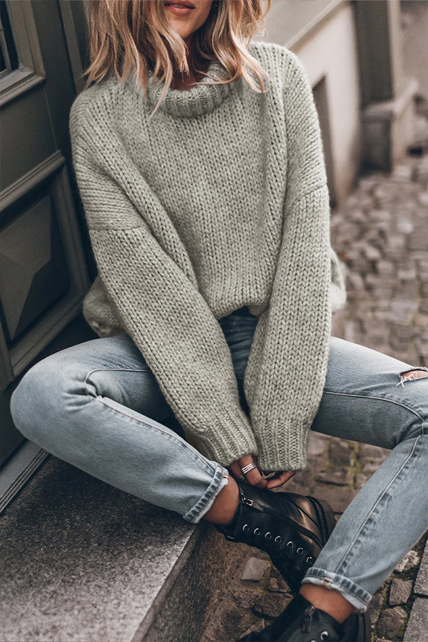 Light Grey Chunky Knit Turtle Neck Drop Shoulder Sweater Grey
