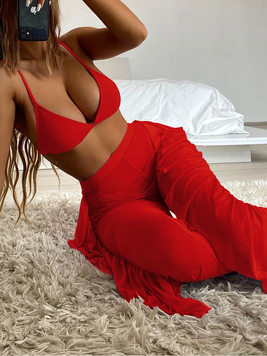 Solid Bikini Three Piece set Red