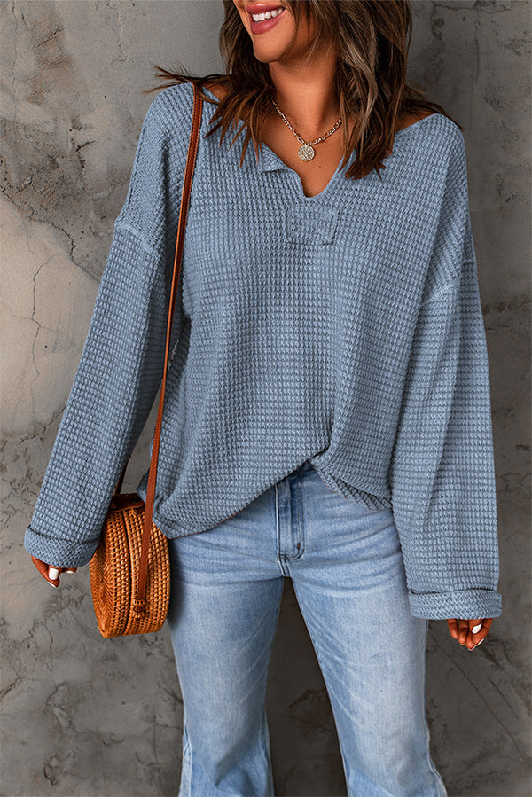 Dusk Blue Waffle Split V Neck Drop Shoulder Long Sleeve Top DUSK BLUE
