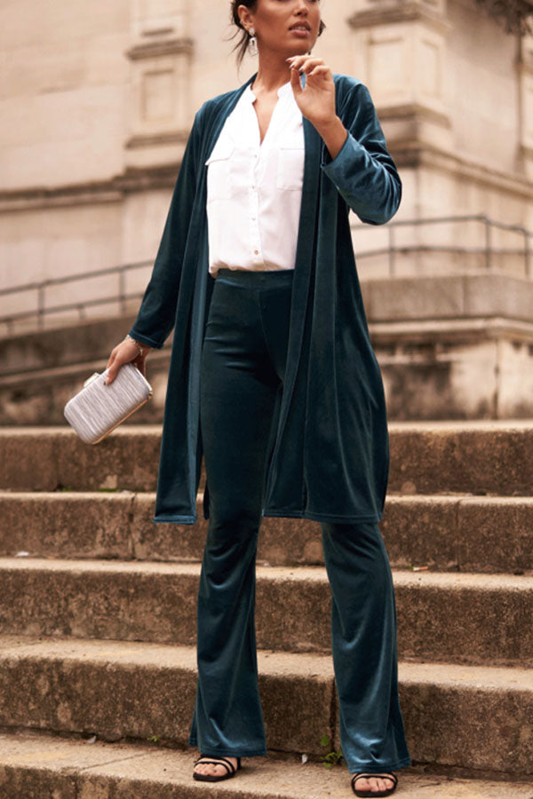 LUXE LADY VELVET LONG SLEEVE OPEN FRONT DRAPE MIDI KIMONO Blue