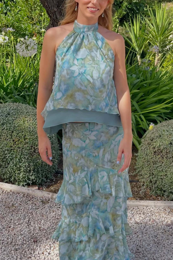 Watercolor Print Halter Ruffle Vacation Two‑Piece Set