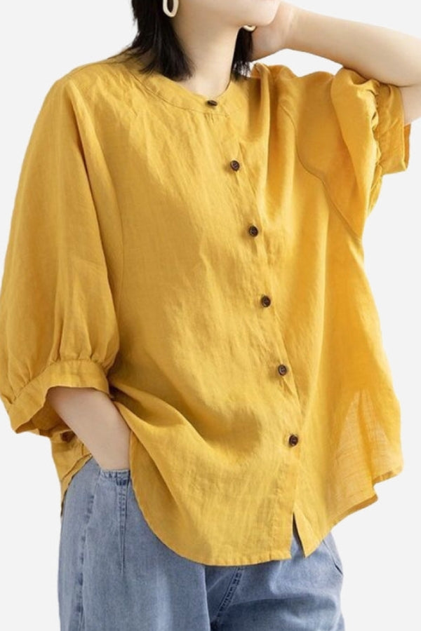 Relaxed Loose Breathable Linen Blouse Yellow