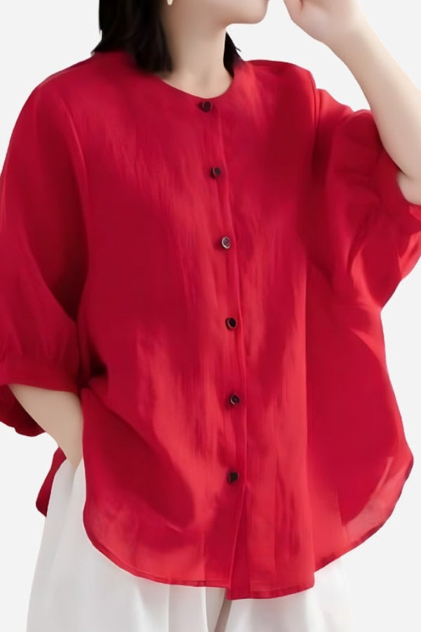 Relaxed Loose Breathable Linen Blouse Red