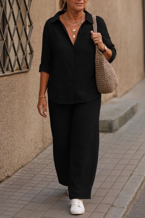 Relaxed Shirt & Trousers Two-Piece Set Black