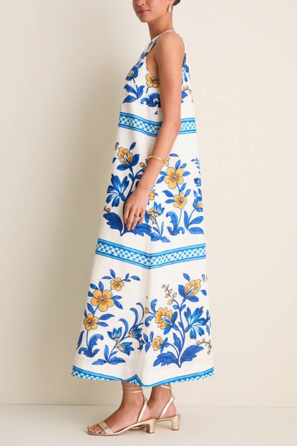 Vintage Blue‑and‑White Floral Print Sleeveless Linen Maxi Dress