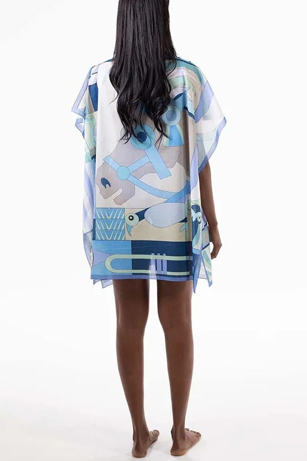 Horse Island – Lockeres Minikleid aus Tüll mit einzigartigem Print und One-Shoulder-Träger und Knopfdetail 
