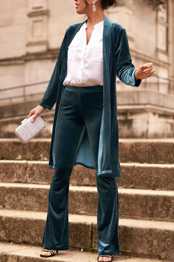 LUXE LADY VELVET LONG SLEEVE OPEN FRONT DRAPE MIDI KIMONO