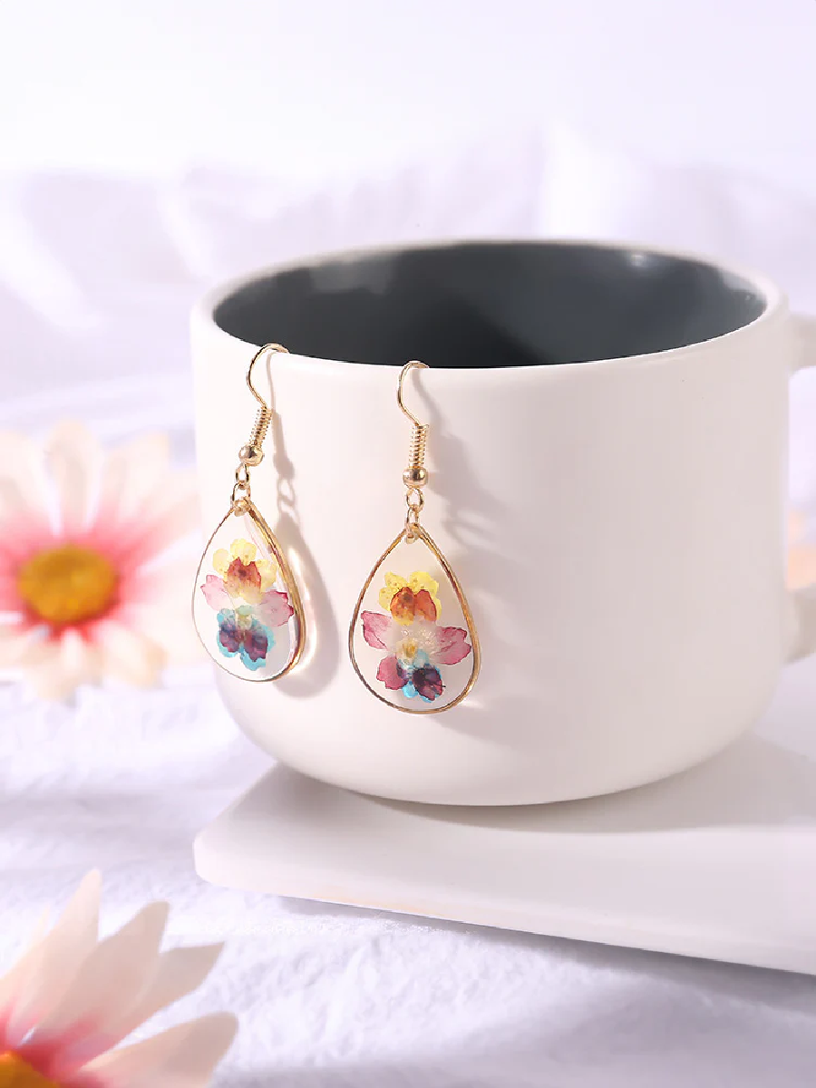 Van Gogh Water color Pressed Flower Tear Drop Earrings Gold one size
