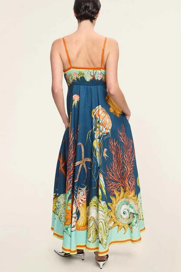 Linen Blend Unique Print Suspenders Back Pleated Pocket Resort Style Maxi Dress