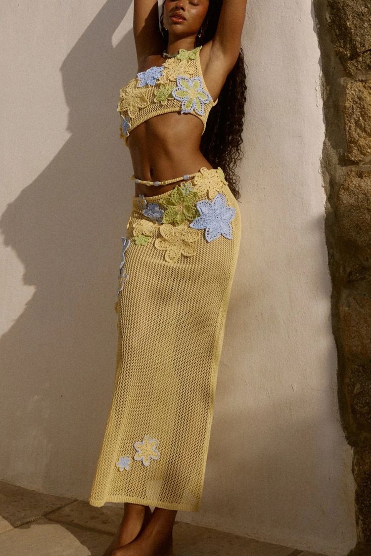 Luxe Knit Crochet Handmade Flower Beaded Waist Stretch Maxi Skirt