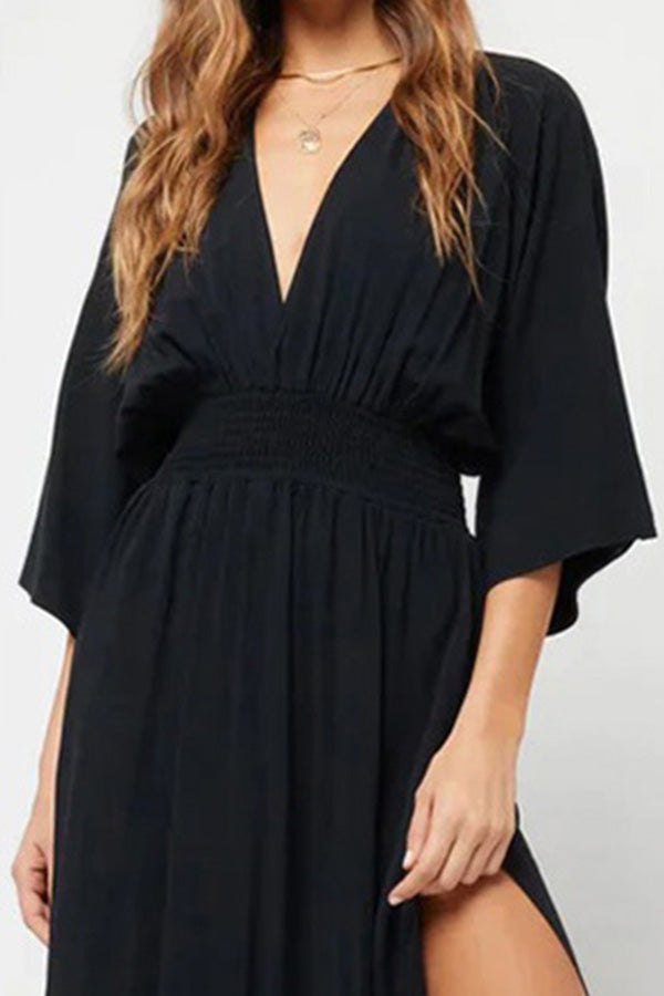 V-neck open back tie high waist loose slit dress