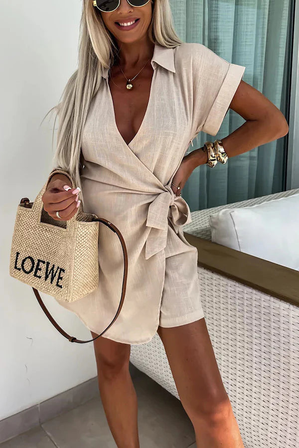 Relaxing Beach Linen Blend Solid Color Wrap Loose Shirt Romper White