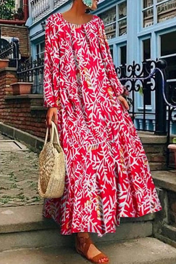 round neck long sleeve loose dress Red