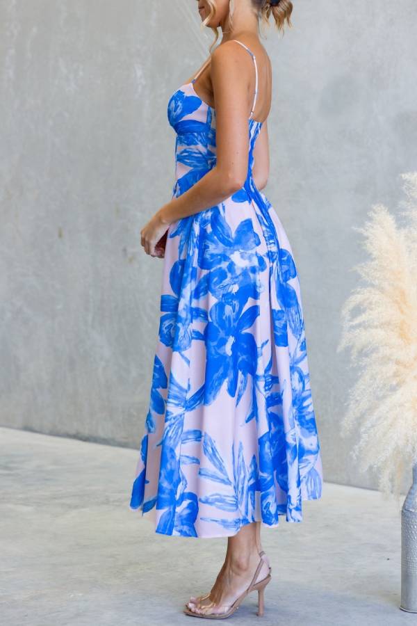French Floral V-Neck Spaghetti Strap Fit-and-Flare Midi Dress
