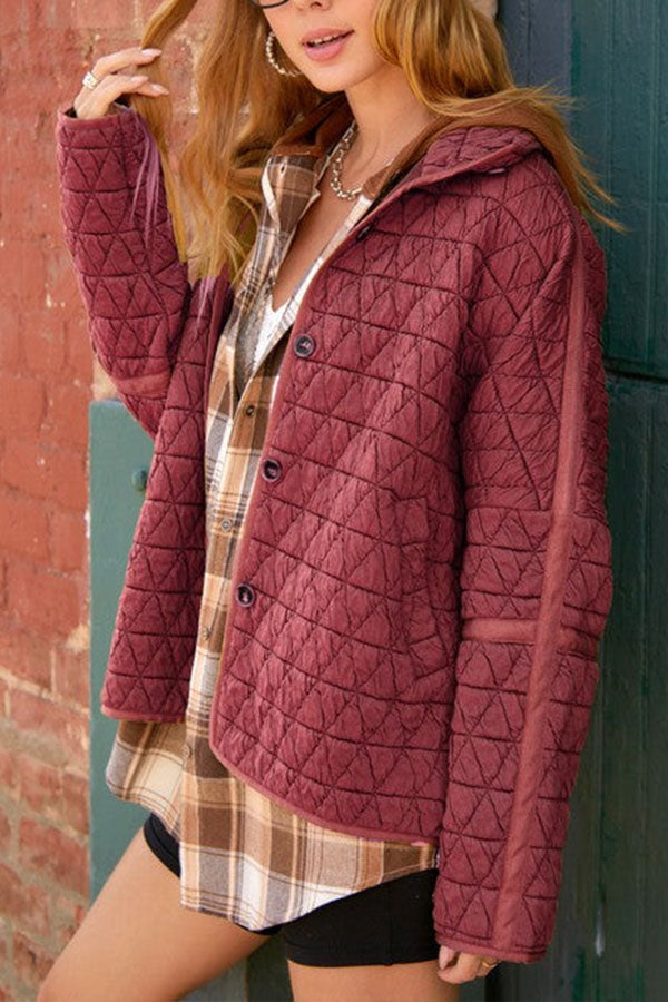 Autumn and winter jacket quilted cotton triangle twist thickened knitted double pocket lapel jacket coffee red