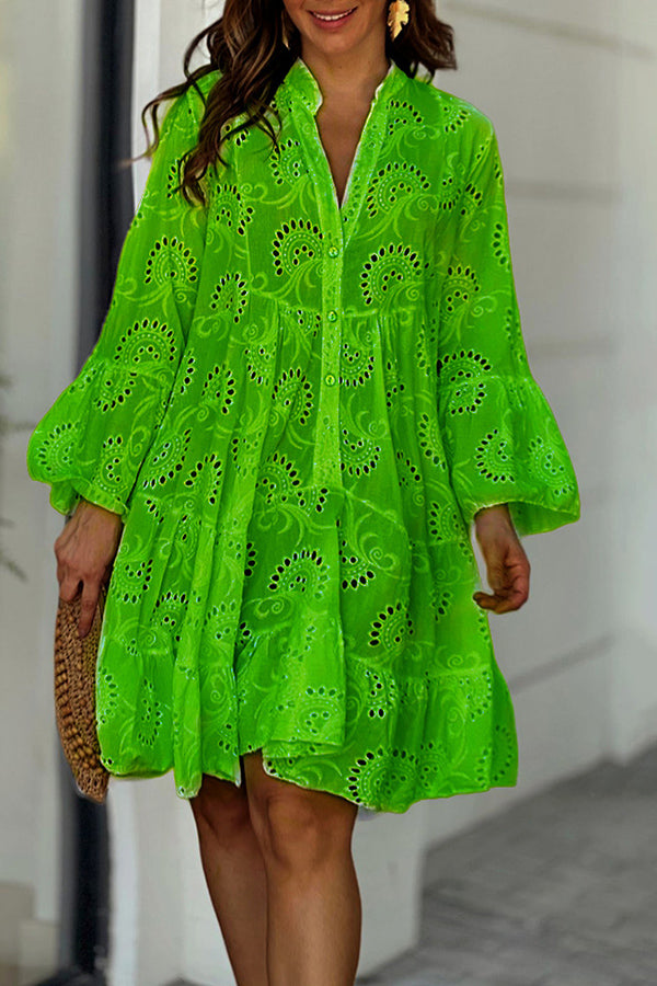V Neck Embroidered Hollow Lace Flower Mini Dress Green