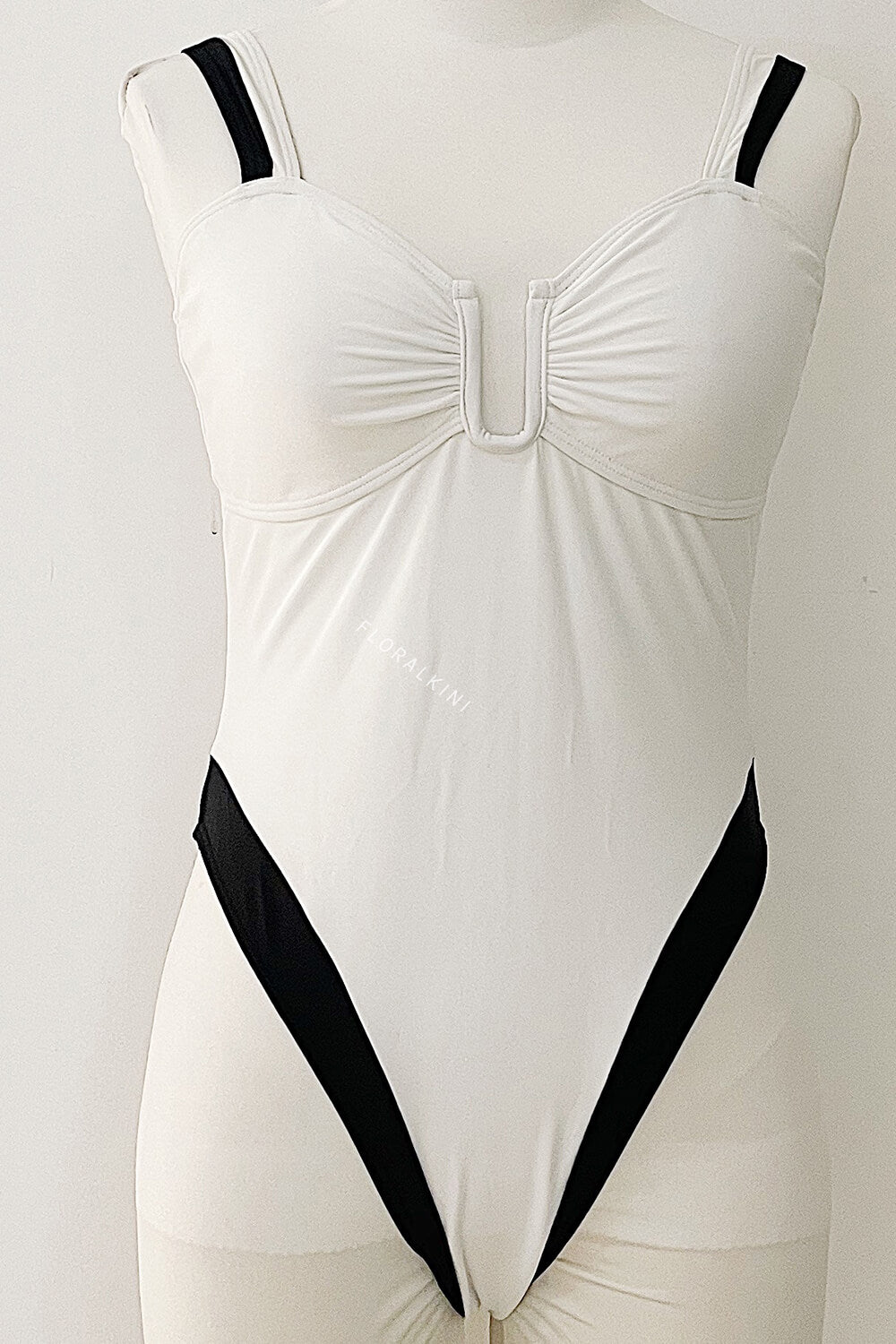 Two Tone 'U' Wire Balconette High-Cut One Piece Swimsuit - White & Black