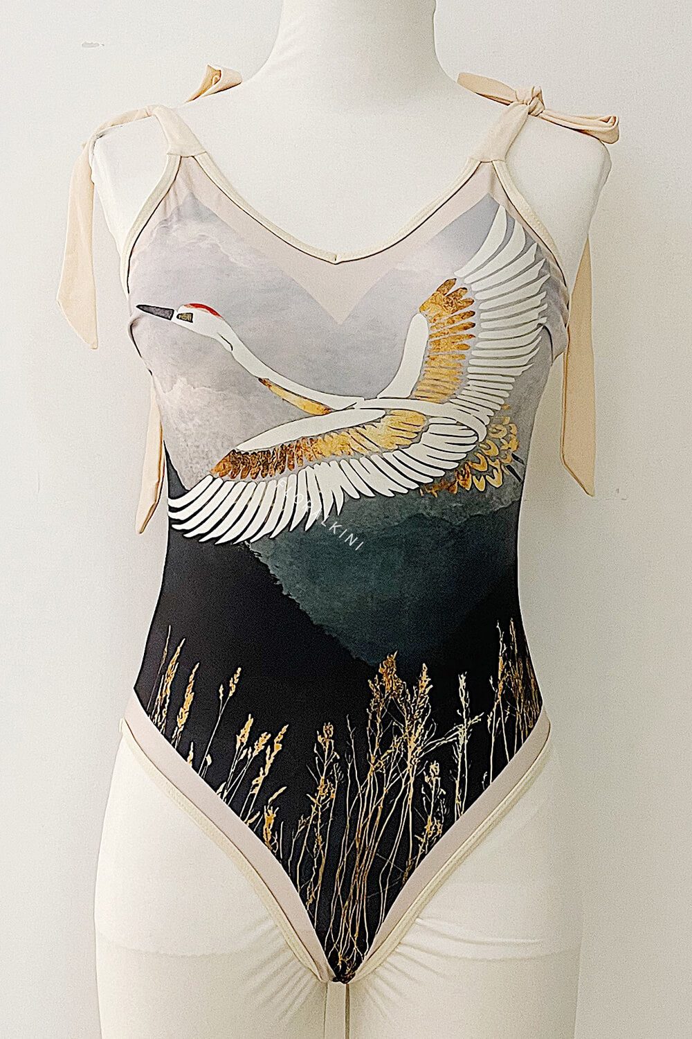 Whooping Crane Print Plunge Tie-Shoulder One Piece Swimsuit