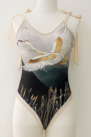 Whooping Crane Print Plunge Tie-Shoulder One Piece Swimsuit