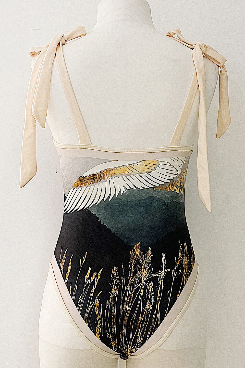 Whooping Crane Print Plunge Tie-Shoulder One Piece Swimsuit