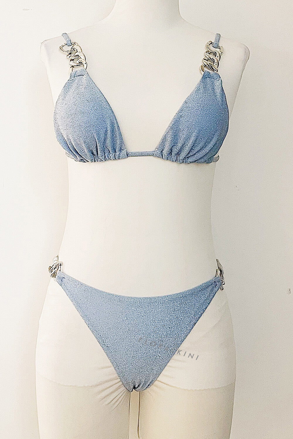 Shimmer Triangle Silver Chain High-Cut Bikini Set - Light Blue