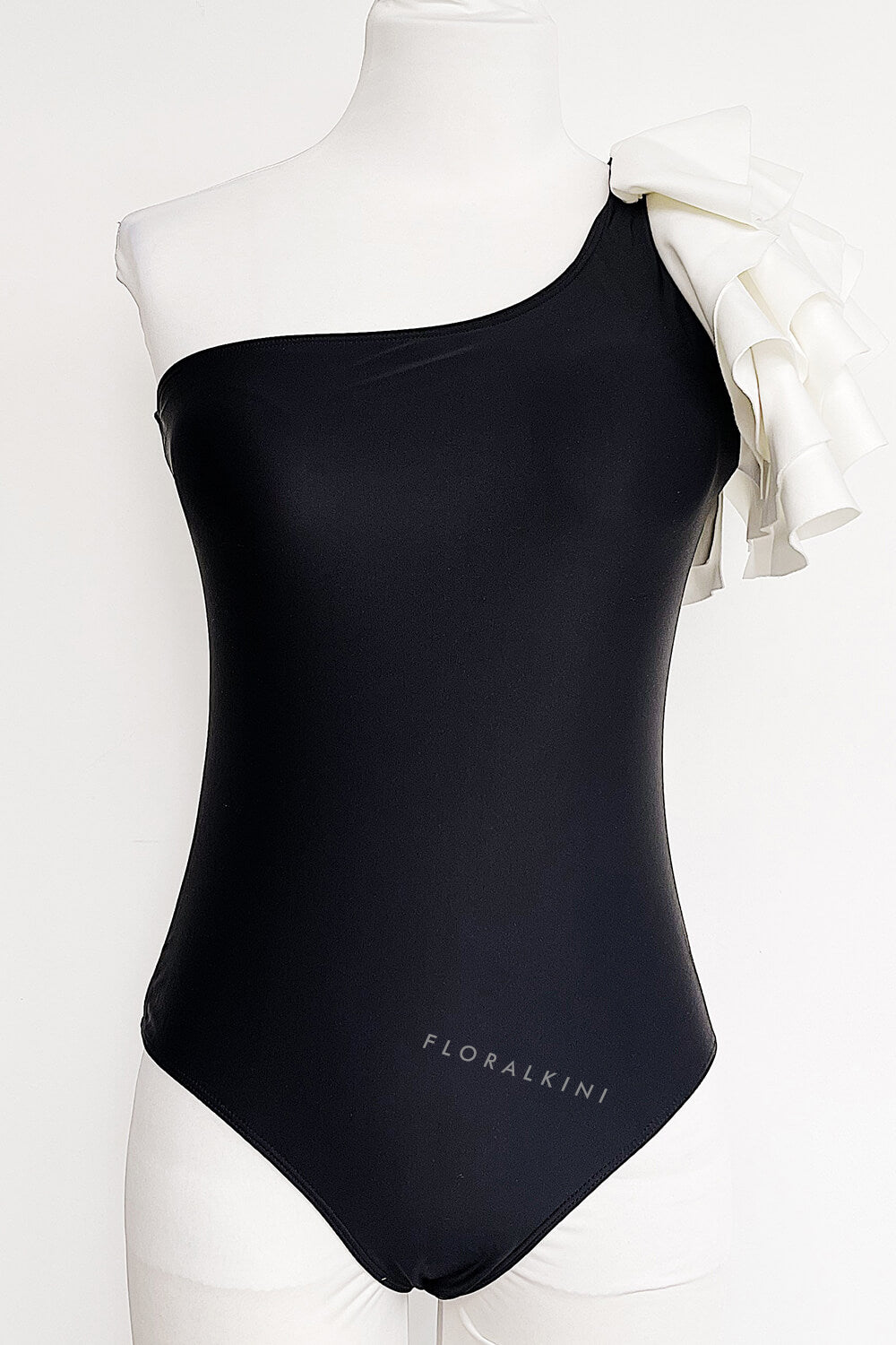 Black White Ruffled One Shoulder One Piece Swimsuit