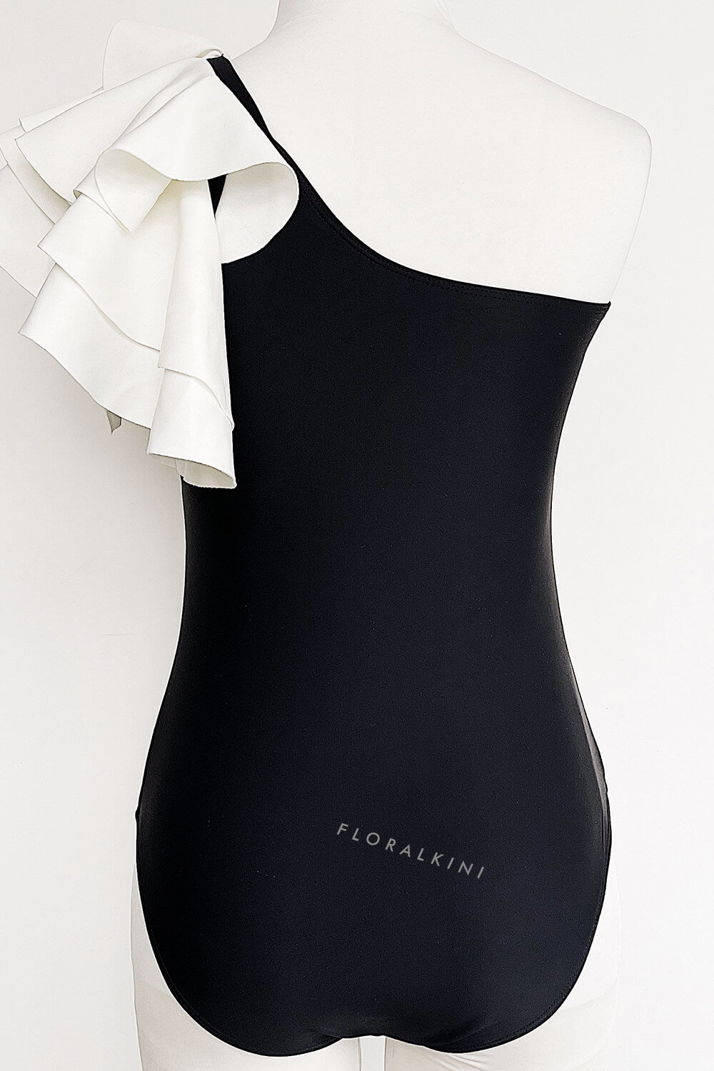 Black White Ruffled One Shoulder One Piece Swimsuit