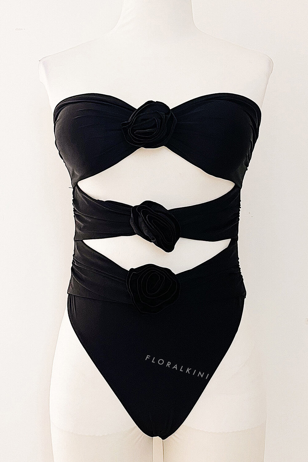 Rose Applique Strapless Cut-Out One Piece Swimsuit